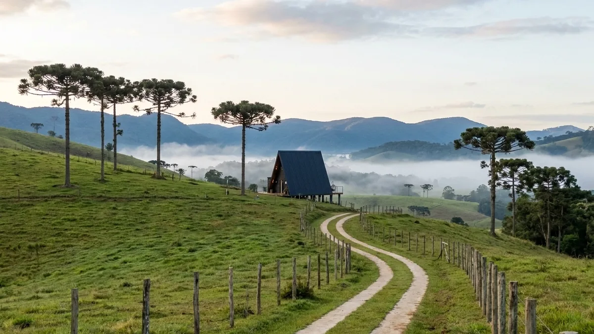 Um chalé sozinho no alto de um morro, entre araucárias e neblina